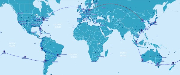 World Map with a linear Travel Route using a Round the World Ticket