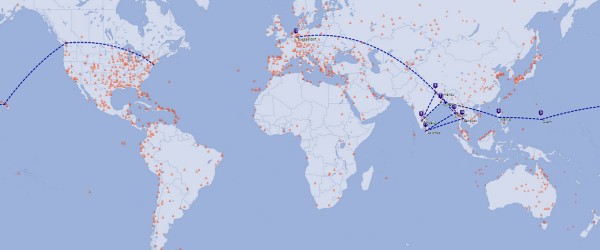 World Map indicating the Travel Route during the third World Trip