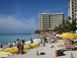 Crowded Waikiki Beach in Honolulu, Oahu, Hawaii