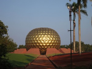 Fenced-off Matrimandir in Auroville, India