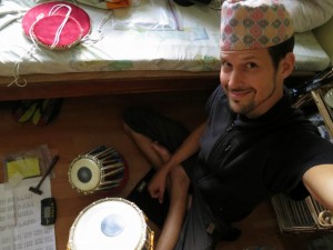 Dennis Kopp sectretly practicing Tabla at the Monastery