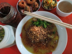 Tasty Noodles with Liquid Yellow Tofu in Shwebo, Myanmar