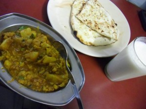 Aloo Gobi with plain Naan and Lassi