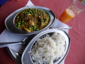 Matter Paneer with Rice and Papaya Juice