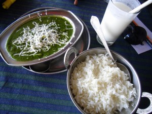 Palak Paneer with Rice and Lassi