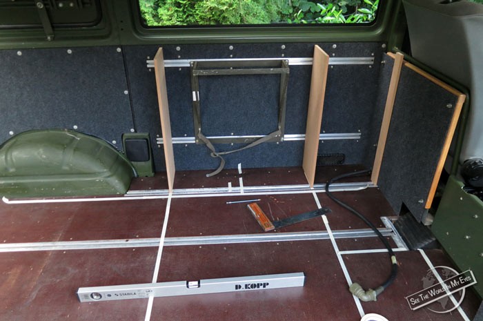 Side Wall of the VW Army Van with Rails and re-used Table Support