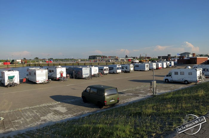 Army Camper parked on a Campervan Parking Lot in Northern Germany