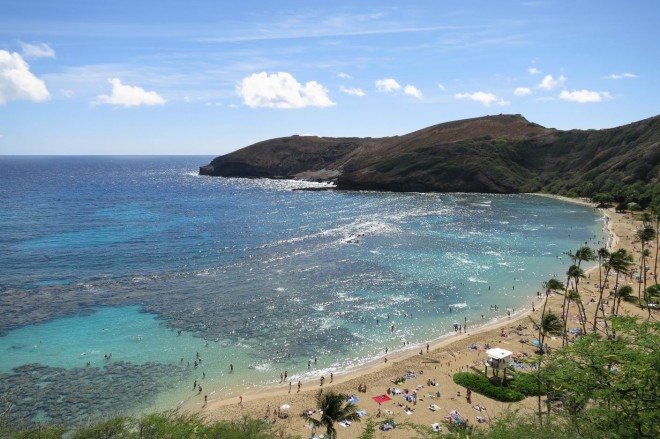 Blue Waters and Sandy Beach of Hanauma Bay on Oahu, Hawaii