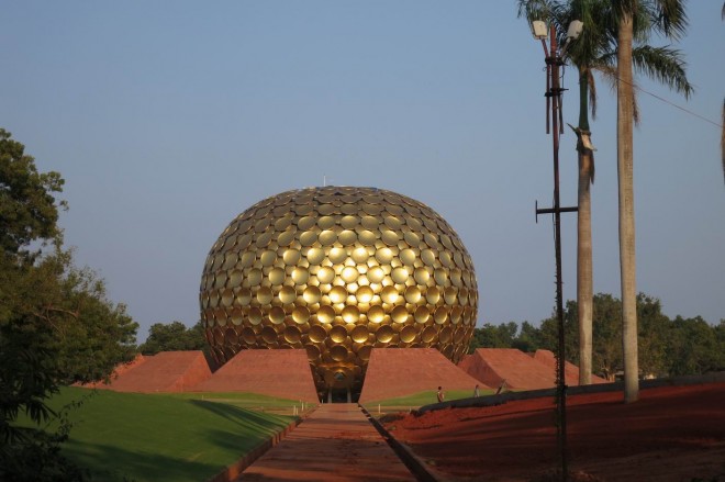 Fenced-off golden Matrimandir golf ball Temple in Auroville, India